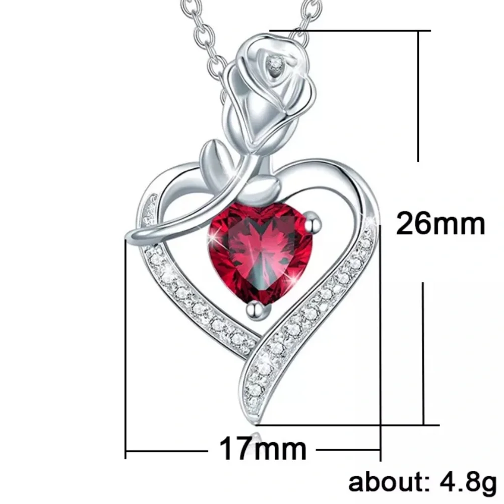 Beautiful 925 Silver Diamond Ruby Rose Heart Necklace